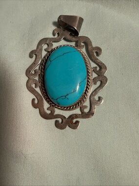 Turquoise Oval Stone Pendant Necklace - Blue Silver Accent